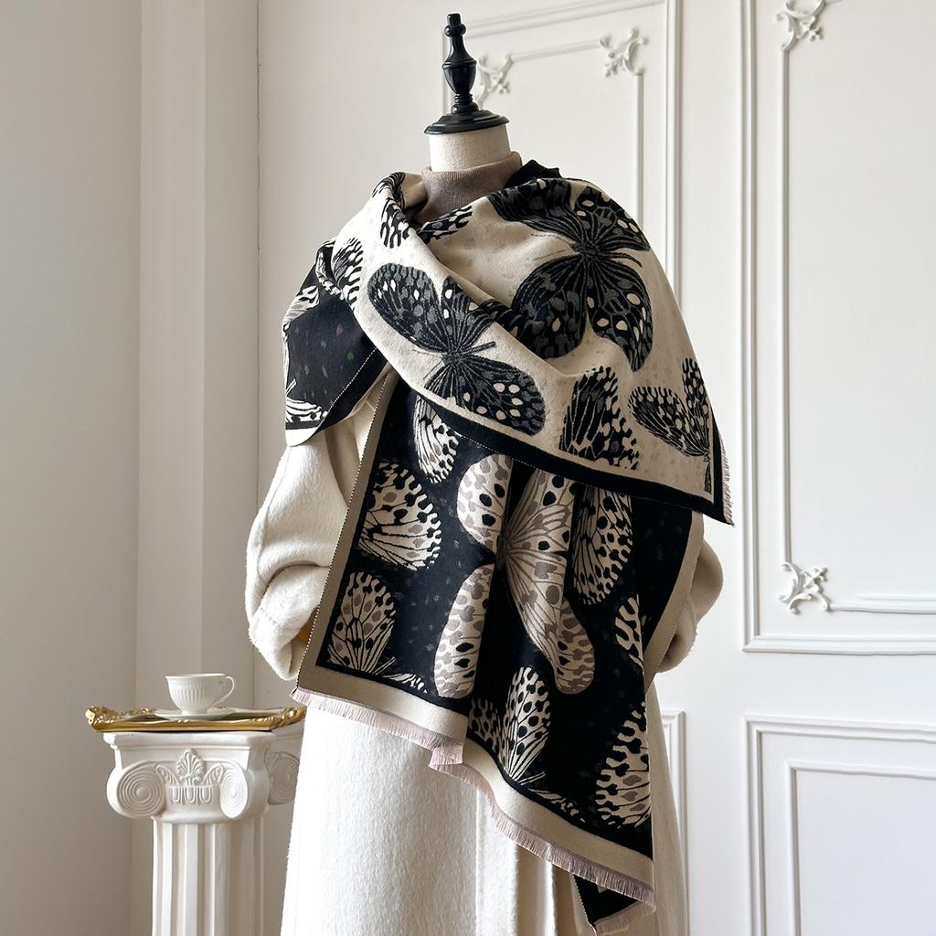 Women's Luxury Winter Cashmere Pashmina Scarf Butterfly Print Thick Warm Shawl Cozy Foulard Blanket Wrap
