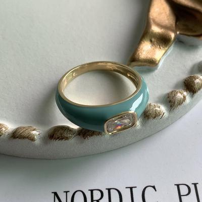 Simple Fashion Retangle Cut White Stone Claw Ring Gold Color Wide Rings Aqua Blue Enamel Rings Wedding Jewelry