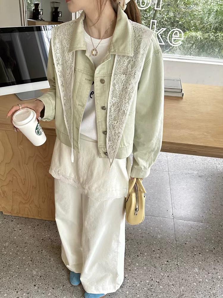 

Весна 2025 Женская джинсовая куртка-шаль с кружевом - Европейский и корейский стиль L светло-зеленый