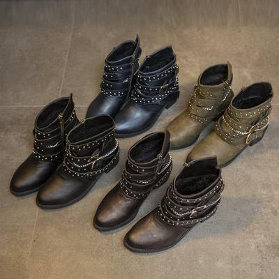 Fashion Short Boots Women's Autumn and Winter New Chain Rivet Belt Buckle Thick Heel Short Boots