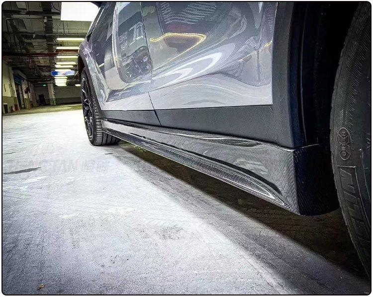 Tesla Model X RZ Carbon Fiber Body Kit: Front Lip, Modified Bumper, Rear Lip, Side Skirts.
