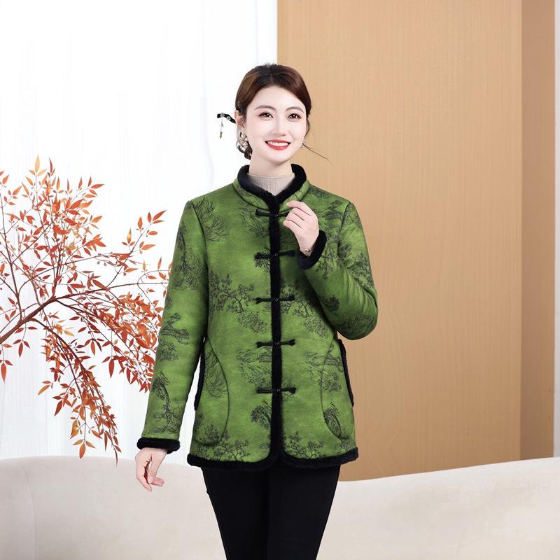New Women's Velvet Cotton Jacket - Mid-Aged Winter Outerwear with Frog Buttons, Padded and Thickened for Warmth, Chinese Style