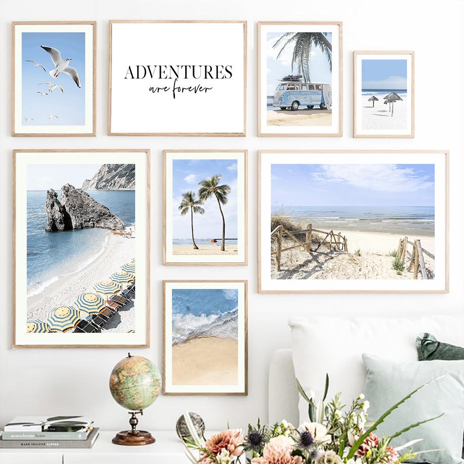 Ocean Beach Car Palm Tree Bird Seascape Wall Art Canvas Painting Nordic Posters And Prints Wall Pictures For Living Room Decor