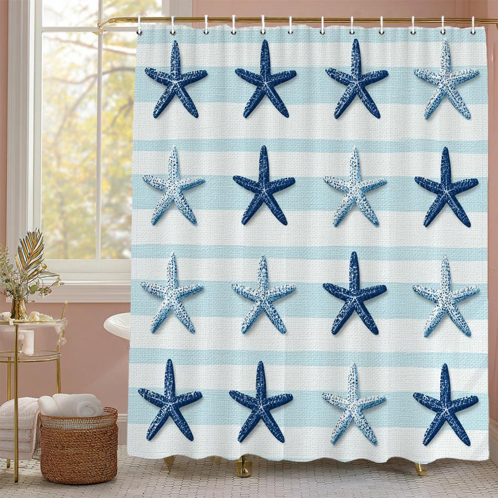 1PC Watercolor starfish pattern printed shower curtain, waterproof, with hooks, bathroom showers, bathtub, fashionable home user