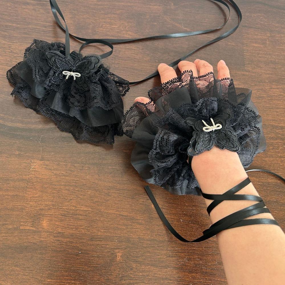 Sleeves Lace Fingerless Oversleeve Elastic Ruffled Wrist Cuffs Fashion Strappy Bow Gloves  JK