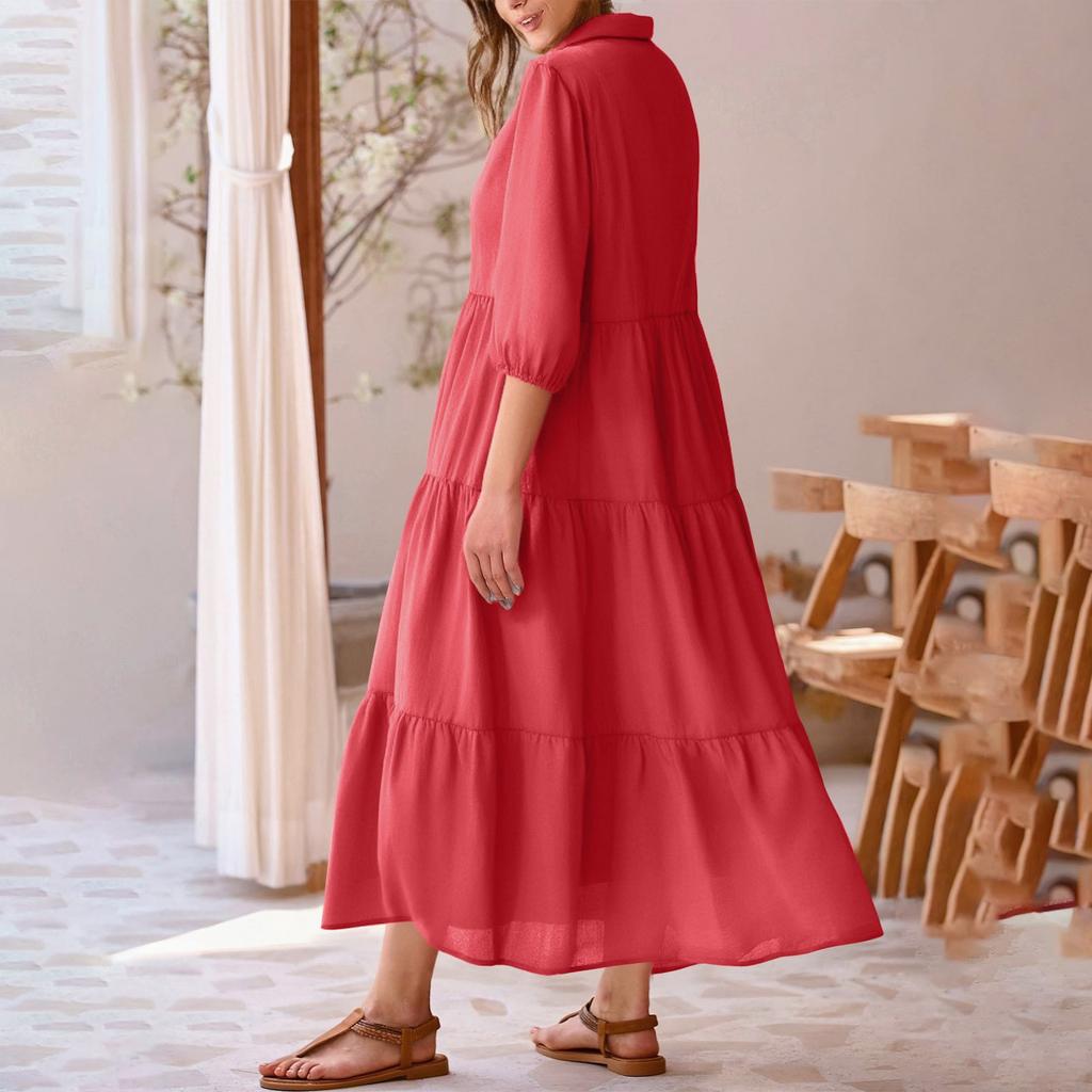 Women's Casual Fashion Shirt Dress Button Collar Flowing Maxi Dress