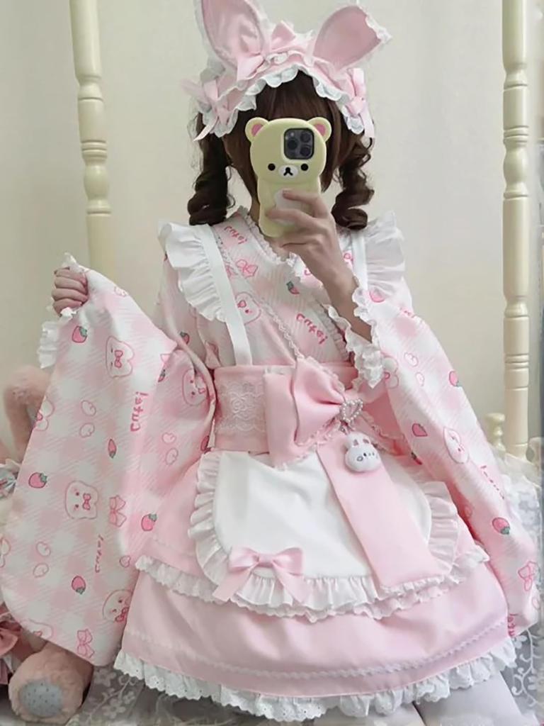 XHSUKADO Dress Set and Perfect for and Other Japanese Includes a Rabbit Mini and Cute Check Long Size Women's 4-Piece (Spring, Summer, Fall) - Kimono,