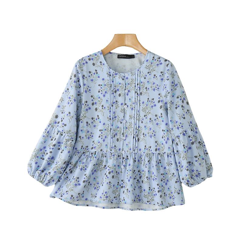 

ZANZEA Женская повседневная блузка с круглым вырезом, свободным рукавом 3/4 и цветочным принтом S синий