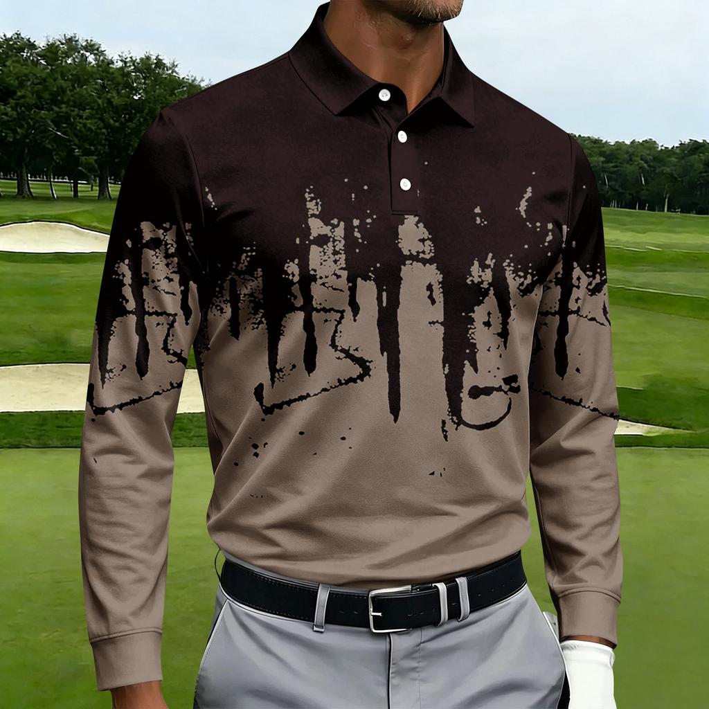 Men's Casual Printed Long Sleeve Button Down Shirt with Lapel Collar for Sports and Daily Wear