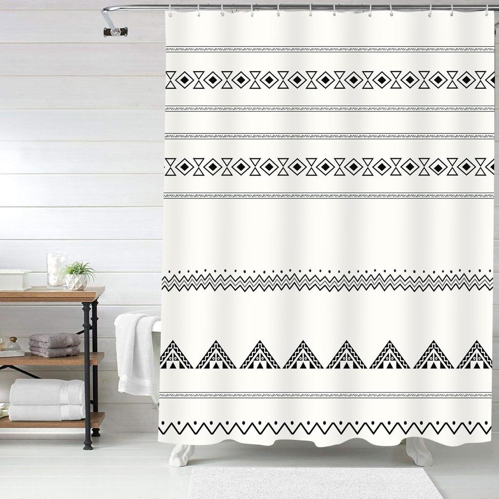 Set de perdele de duș boeme alb-negru, modern, de fermă, minimalist, cu modele geometrice abstracte, cu cârlige