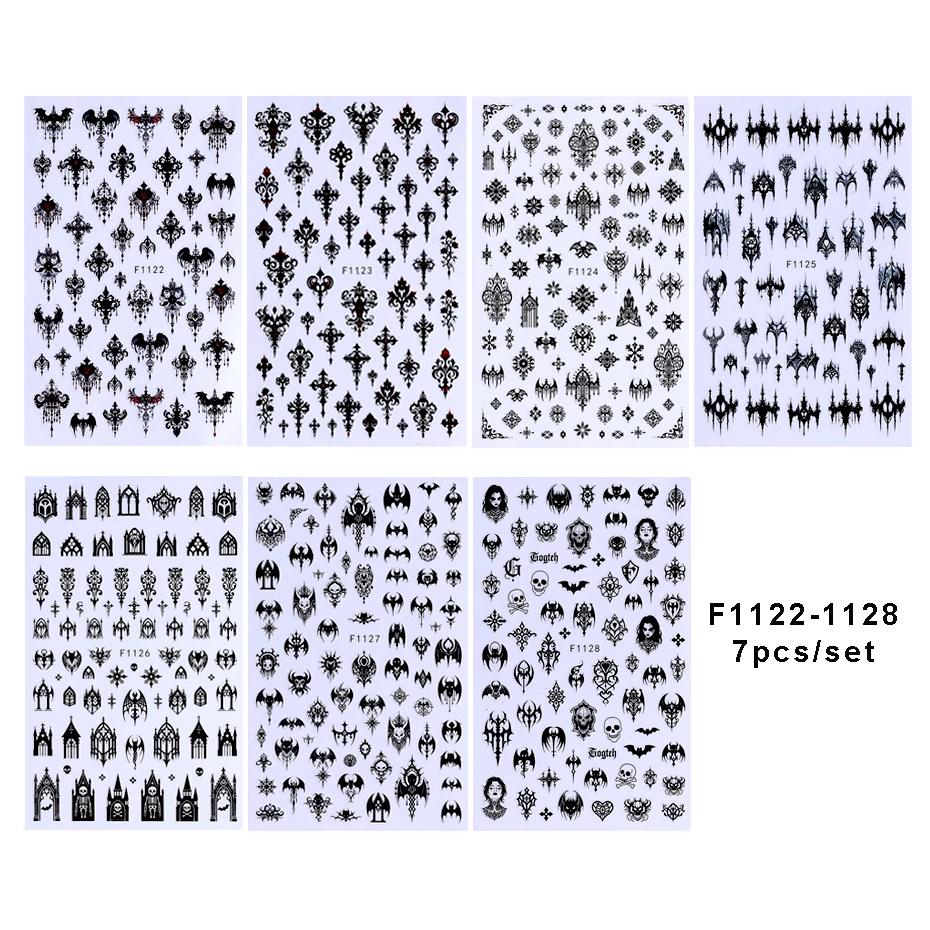 7/8pcs 3D Gothic Black Halloween Nail Stickers Cool Design Alphabet Letter Lace Castle Skull Y2K Manicure Decoration Accessories