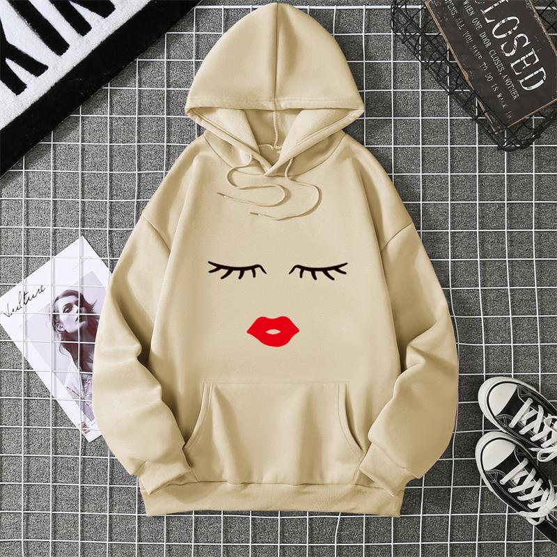 Pretty Cute Eye Lashes Red Lips Print Women Hoodie Summer Short Sleeve O Neck T-shirt Ladies White Hooded Sweatshirt