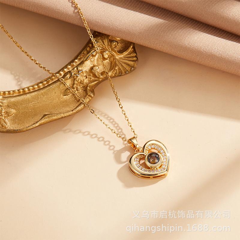 24 Projection Double Love Necklace Women'S Light Luxury Simple And Sweet 100 Languages I Love You Heart Pendant