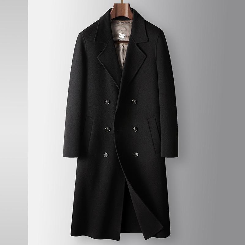 100% Wool Men's Coat Autumn and Winter Knee Long Double-breasted Goose Down Liner Casual Warm Double-sided Woolen Coat