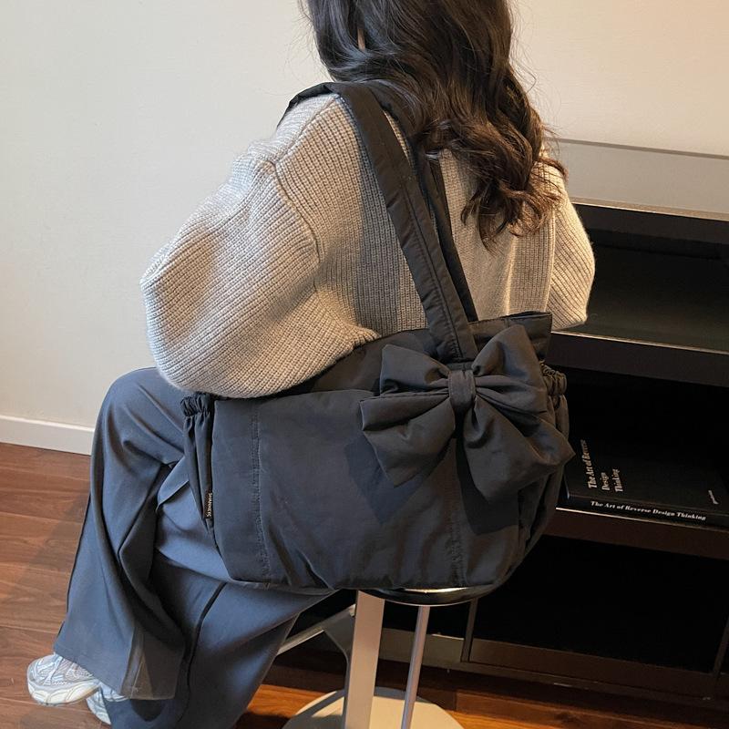 Bow cotton clothes tote bag women's solid color versatile underarm shoulder bag women's large-capacity commuter laptop bag