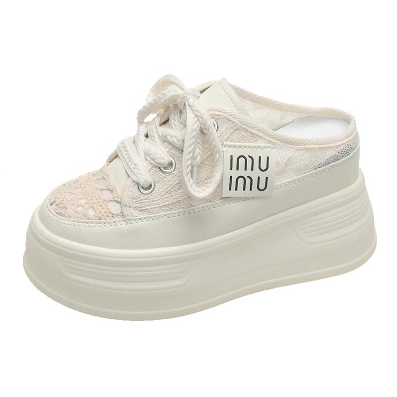 Fashion 9.5cm Increasing Height Women Slippers 2024New Summer Autumn Canvas Mules Shoes Ladies Round Toe High Wedge Platform Slides Shoe