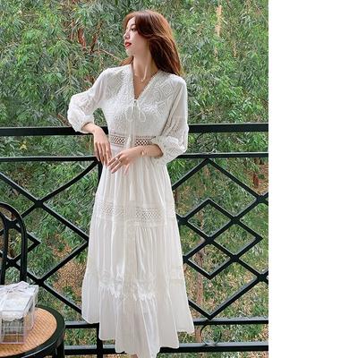 Dress Spring and Summer White Sweet French Puff Sleeve Over The Knee Long Skirt Beach Skirt Travel Skirt
