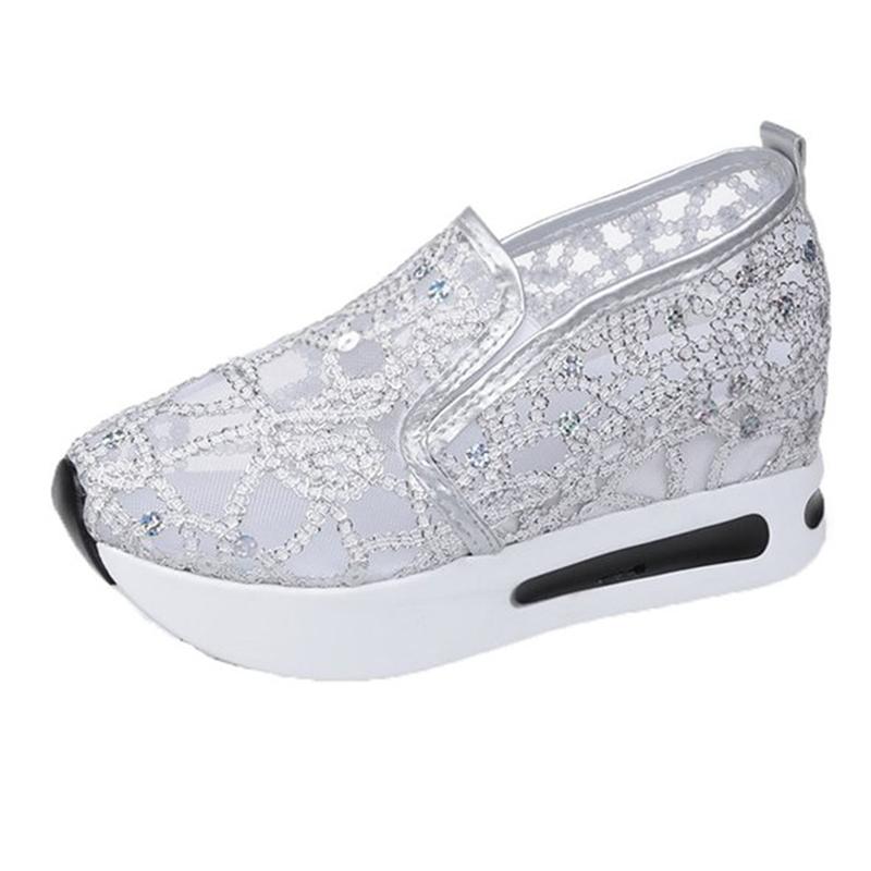 

Fashion Spring Autumn Luxury Crystal Sneakers Women Breathable Mesh Sports Shoes for Woman Retro Low Top Platform Vulcanize Shoes Lady 42 серебряный