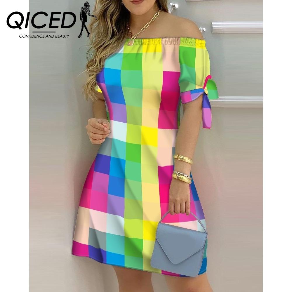

QICED Женское модное платье с открытыми плечами, короткие рукава, принт с бантом, летние пляжные платья больших размеров XXXL