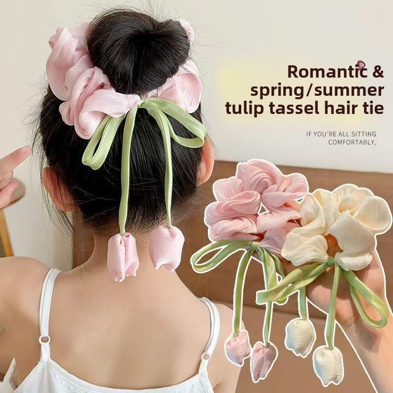 1PCS Tulip Flower Hairband Girls Bun Head Large Intestine Ring Hairband High-end Girls Ponytail Hair Accessories