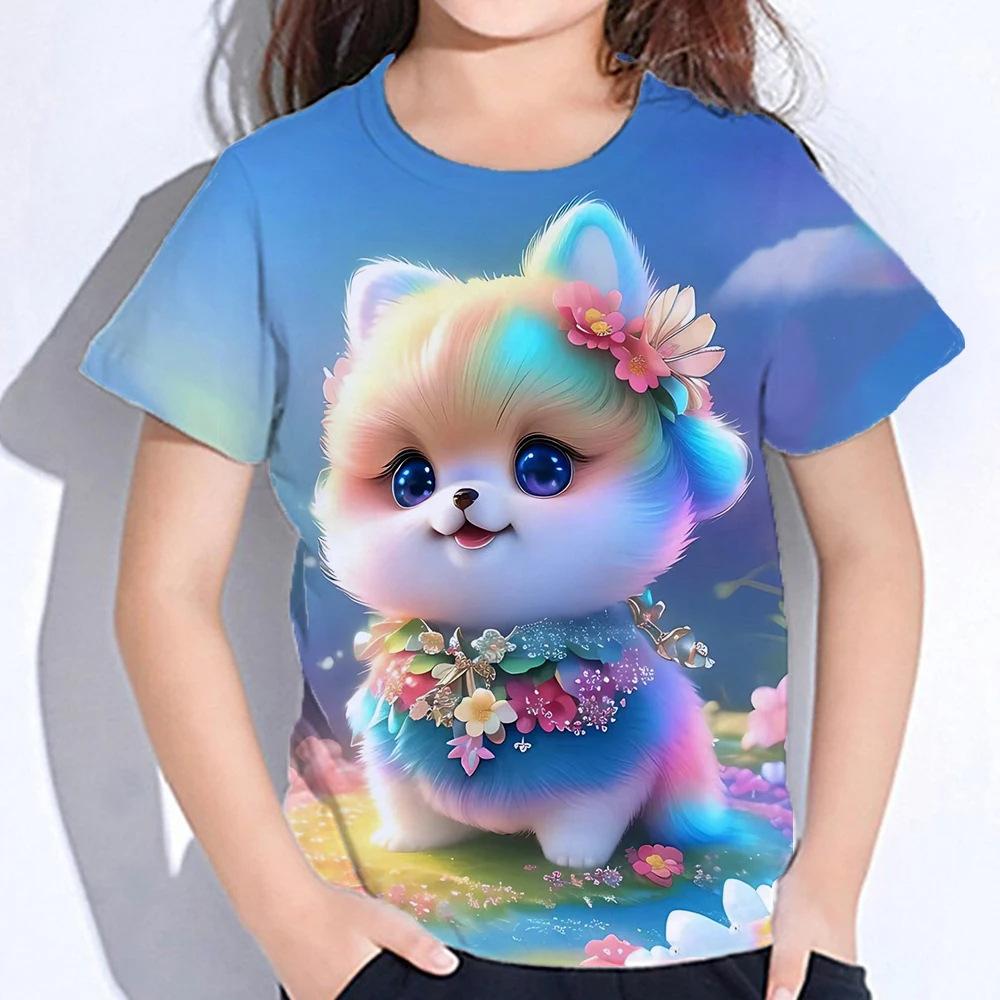 Summer Round Neck 3D Cute Cat Printed Top Fashionable Casual Short Sleeved Children's Girl T-shirts