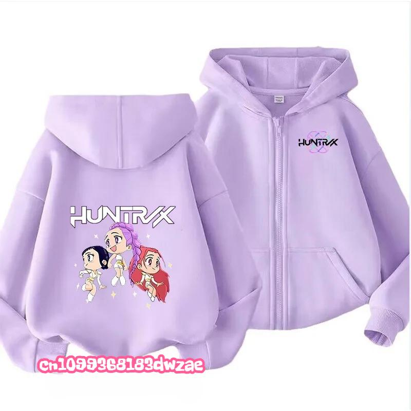 KPop Demon Hunters Zipper Hoodie Cartoon Girls Coat Fashion Thin Clothes Purple Autumn Hoodie Jacket Kids Anime Sweatshirt Gift