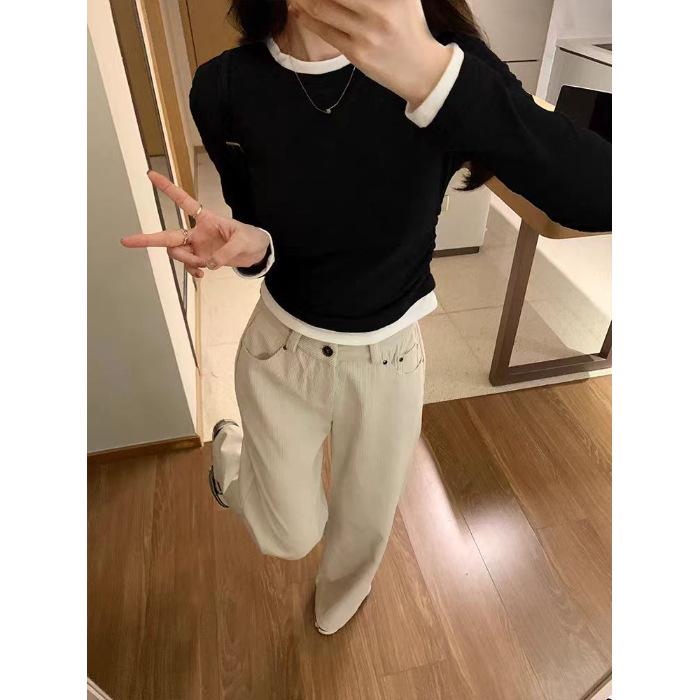 Women's Faux Two-Piece Brushed Long-Sleeve Top - Fashionable Fleece-Lined T-Shirt for Autumn/Winter