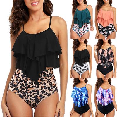Conjunto de Bikini de Dos Piezas para Mujer con Volantes de Hombro Caído Cintura Alta Control de Abdomen Estampado Modesto Traje de Baño de Verano para Playa