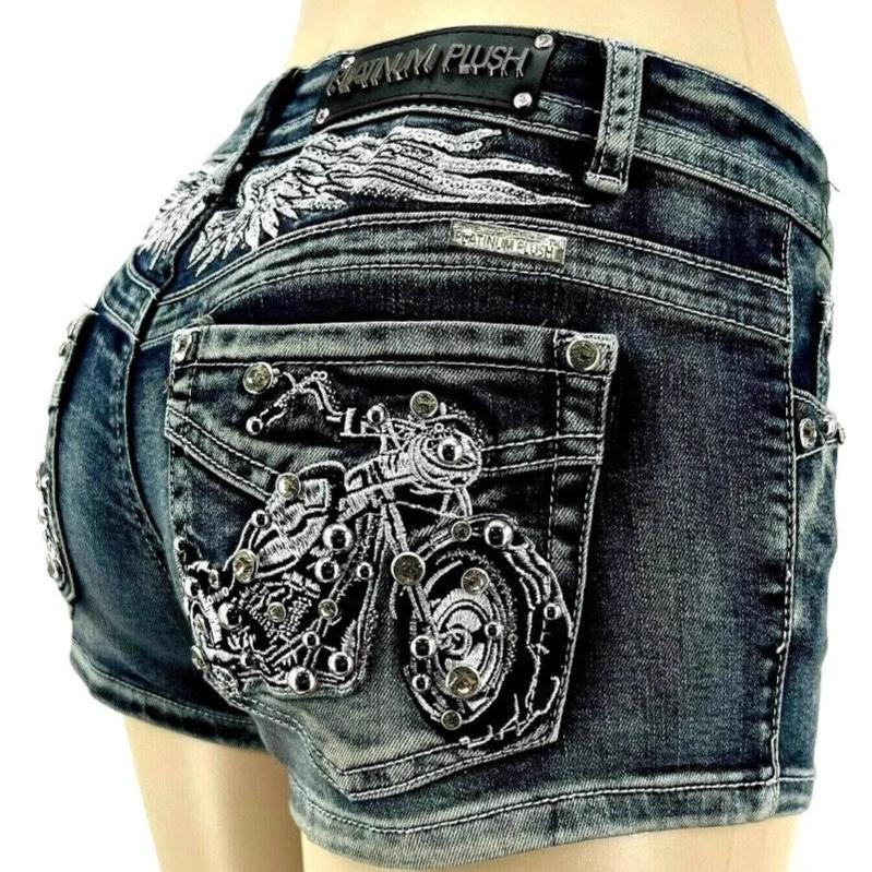 Damen Biker Motorrad Flügel Nieten Stickerei Shorts Y2k Vintage Gothic Hot Girl Sexy Gewaschene Denim Shorts Niedrige Taille Mini Jeans