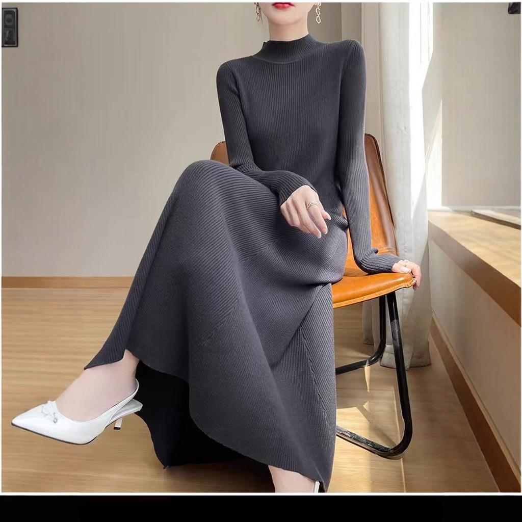 Autumn and winter semi-turtleneck knitted long dress, new with coat, sweater inside, skirt temperament base women's clothing