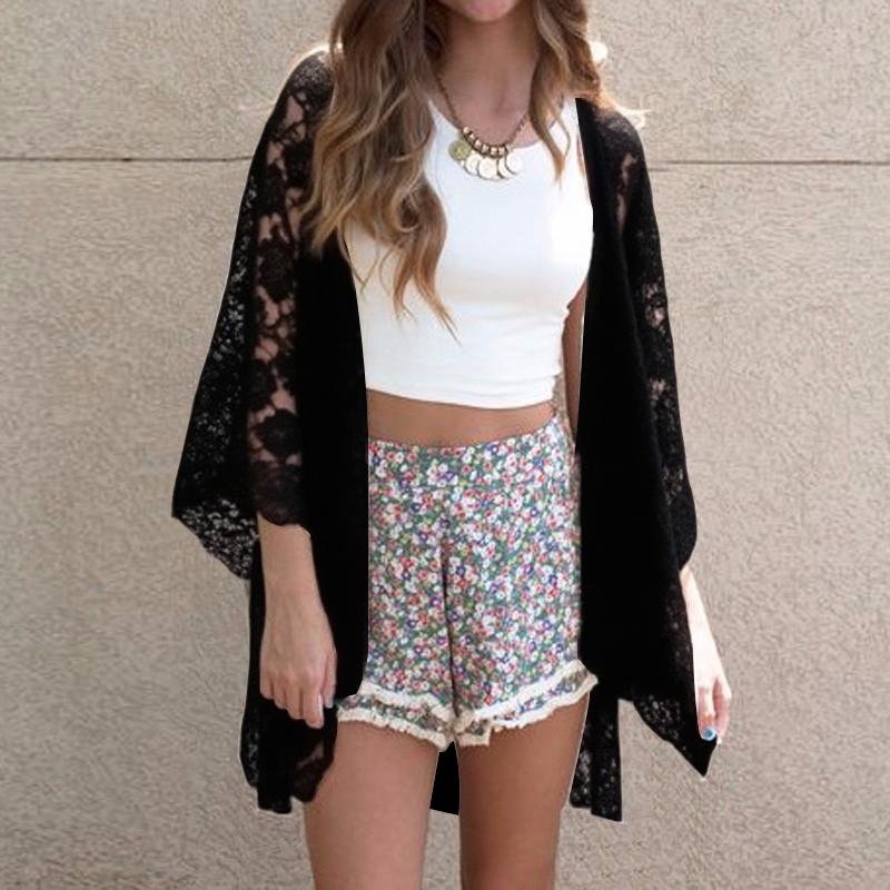 ZANZEA Womens Summer See-Through Lace Cardigan Cover Up Blouse