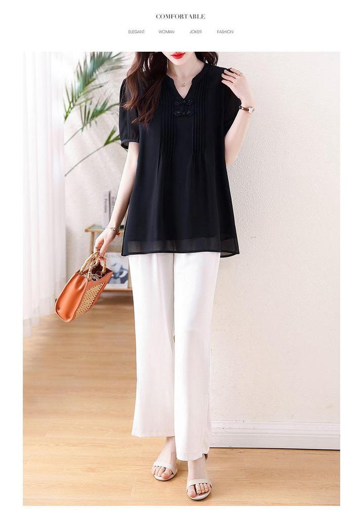 Elegant Plus Size V-Neck Chiffon Shirt - Slimming, Flaw-Hiding, Short-Sleeved, New Chinese Style, Age-Reducing Women's Top 2026