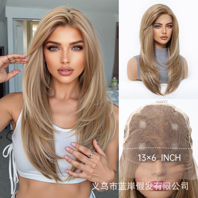 * HD large area lace wig medium black brown long straight hair fashion full hood lace Wig