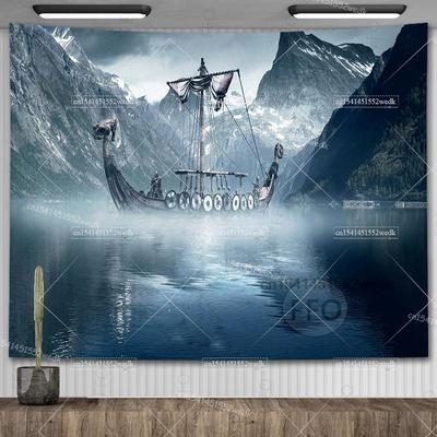 Viking Ship Tapestry Banner Nature Landscape Mountains Tapestries Window Curtain Wall Hanging Art Decoration For Living Room