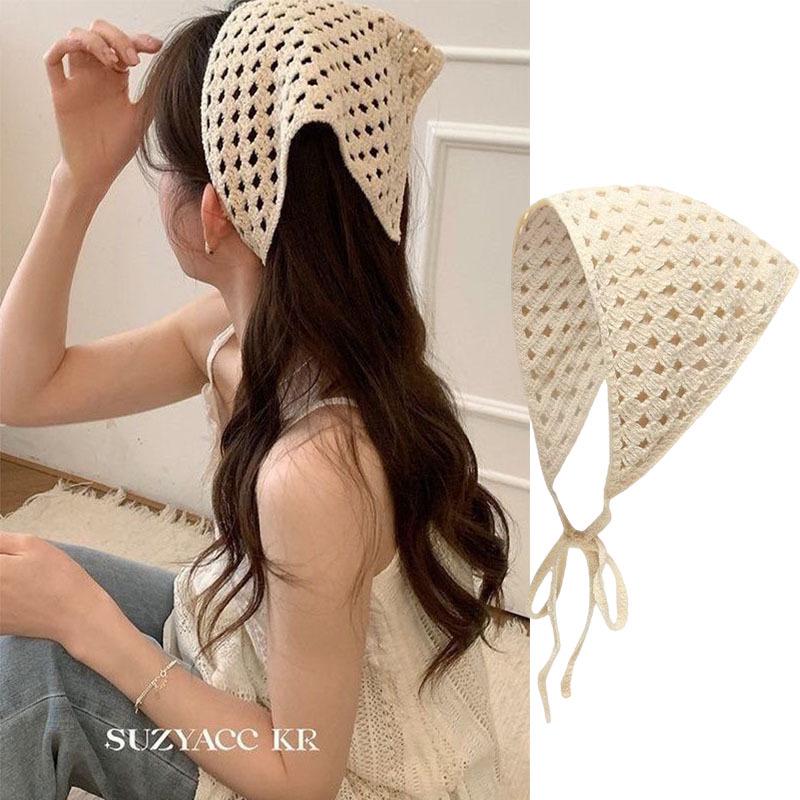 2026 Pastoral Style Lace Triangle Scarf Headband - Sweet Temperament Retro Plaid Ribbon Accessory.