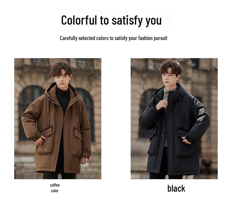 Men's Trendy Mid-Length Down Jacket with Thick Rabbit Fur Lining