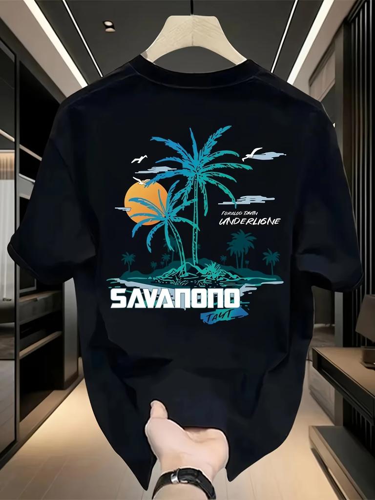 Unisex White T Shirt Vintage Tropical Island Palm Tree Sunset Seaside Print Crew Neck Loose Oversized Casual Beach Streetwear
