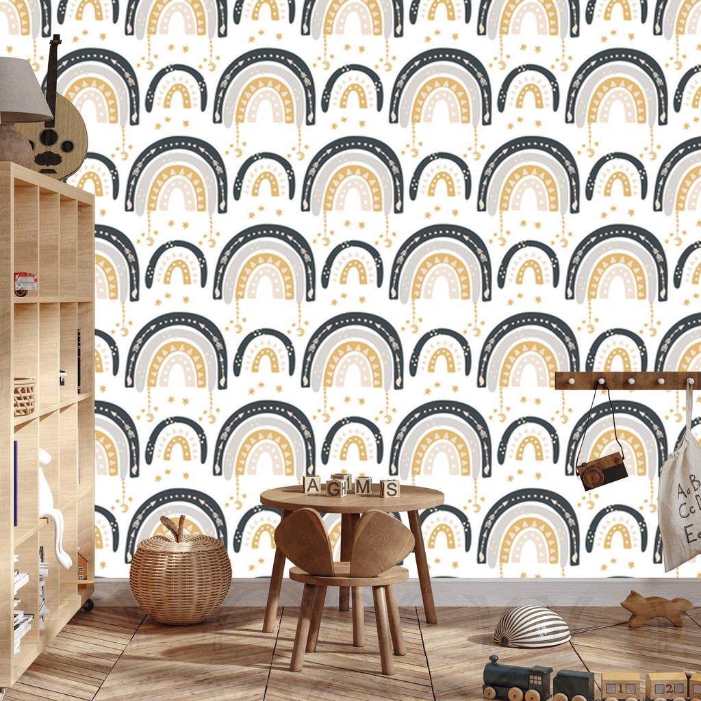 Rainbows and Butterflies Boho Wallpaper White, Cream and Light Gray 50x1000