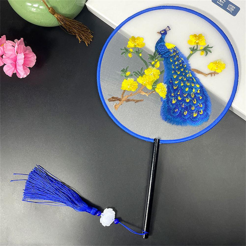 Round Double Sided Embroidery Fan Chinese Style Wooden Handle Embroidery Round Fan with Pendant Handheld Flower Silk Fan