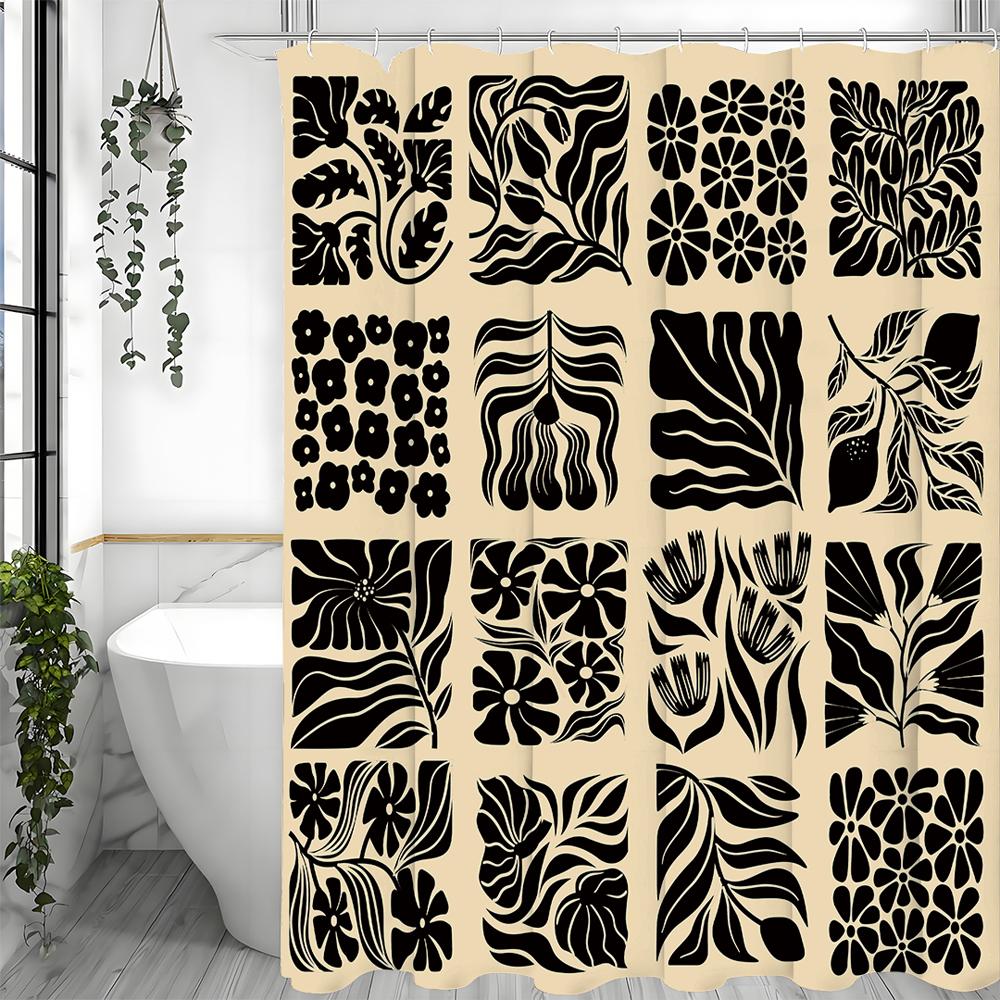 Black Floral Plant Collage Shower Curtain, Bathroom Decorative Shower Curtain, Waterproof Shower Curtain with Hooks