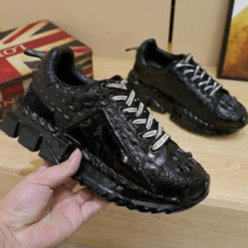 Crocodile Pattern Light Luxury Fashionable Men's Low Top Trendy Shoes, Height Increasing Thick Sole Rebound Casual Sports Shoes
