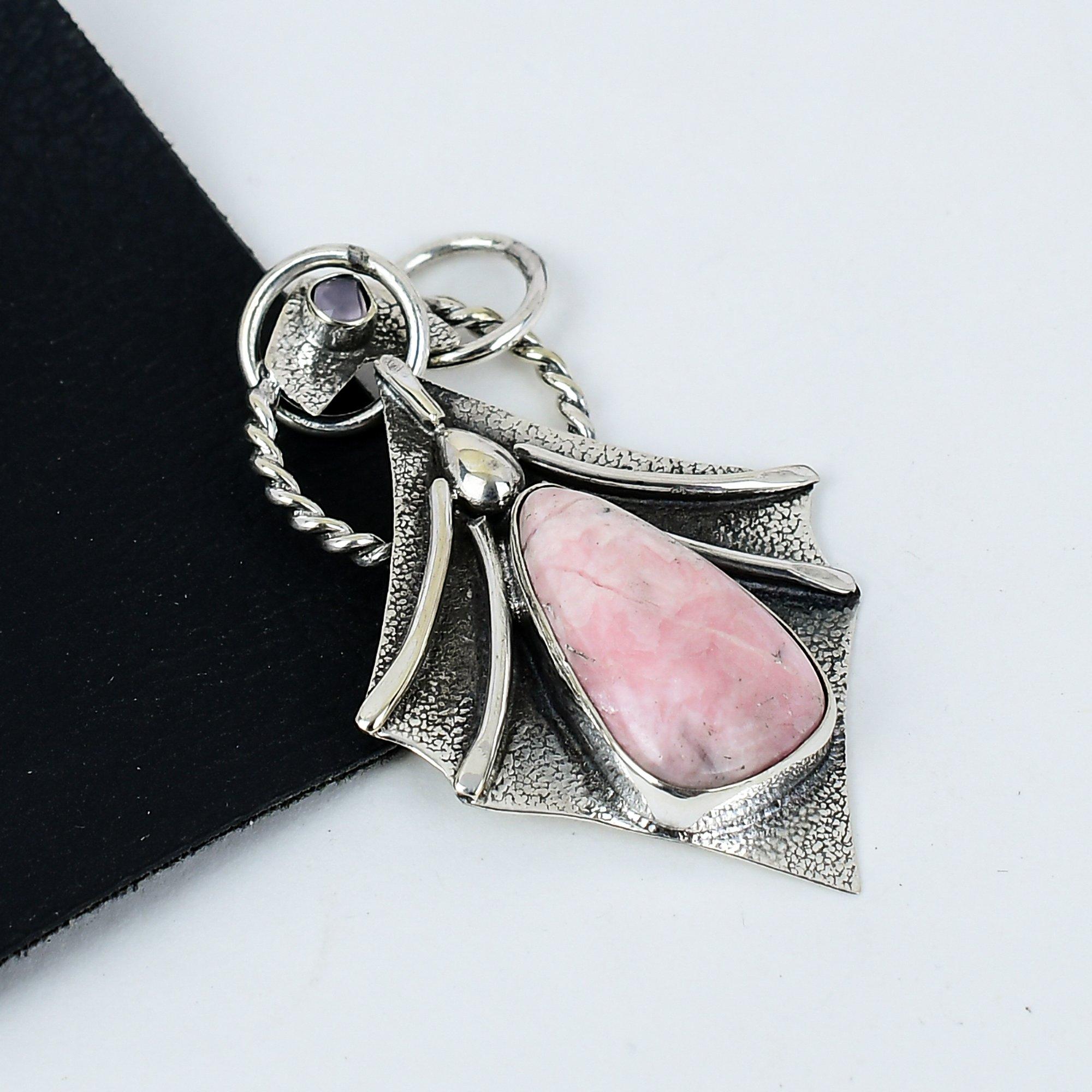 

Серебряный кулон с натуральным родохрозитом из стерлингового серебра 925 пробы — дизайн ручной работы, повседневные украшения, уникальный подарочный кулон с розовым халцедоном 2.36 розовый