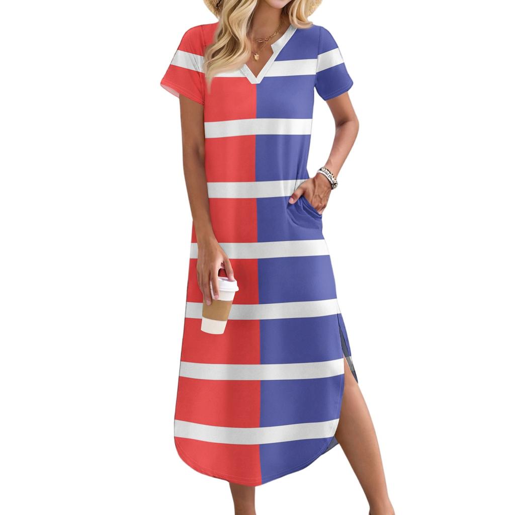 Women's Casual Comfortable V Neck Loose Hem Split Vacation Short Sleeve Striped Long Dresses