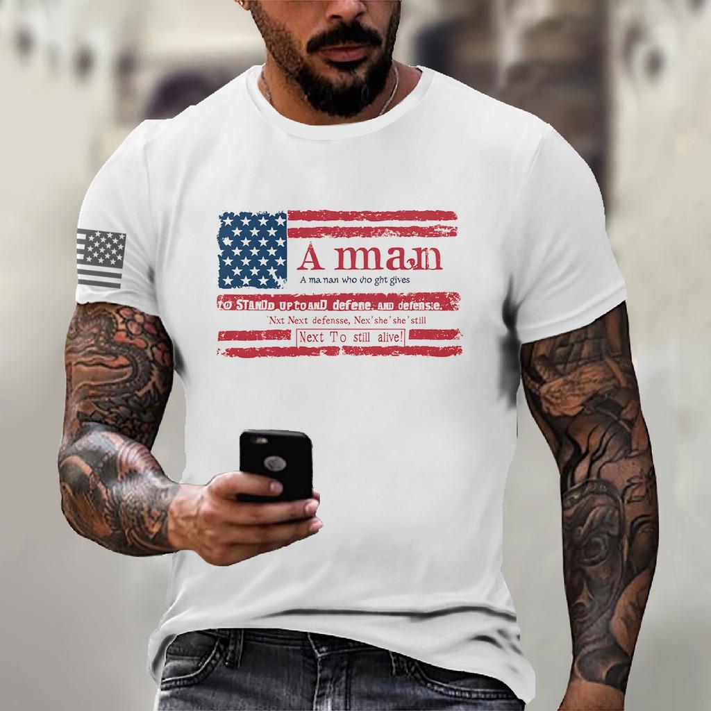 Men's Fashion Casual Short Sleeve Round Neck Independence Day Flag T-Shirt Top
