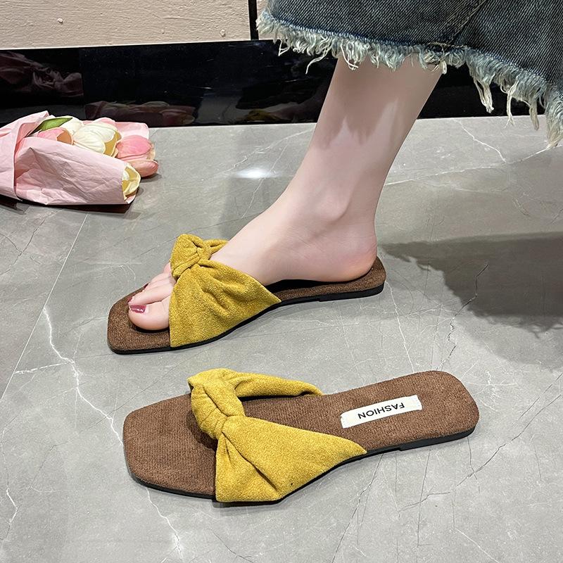 Suede Cool Slippers Women's Summer New Outer Wear Fairy Wind Square Head Flat Bottom One-word Drag Beach Slippers Large Size Women's Shoes