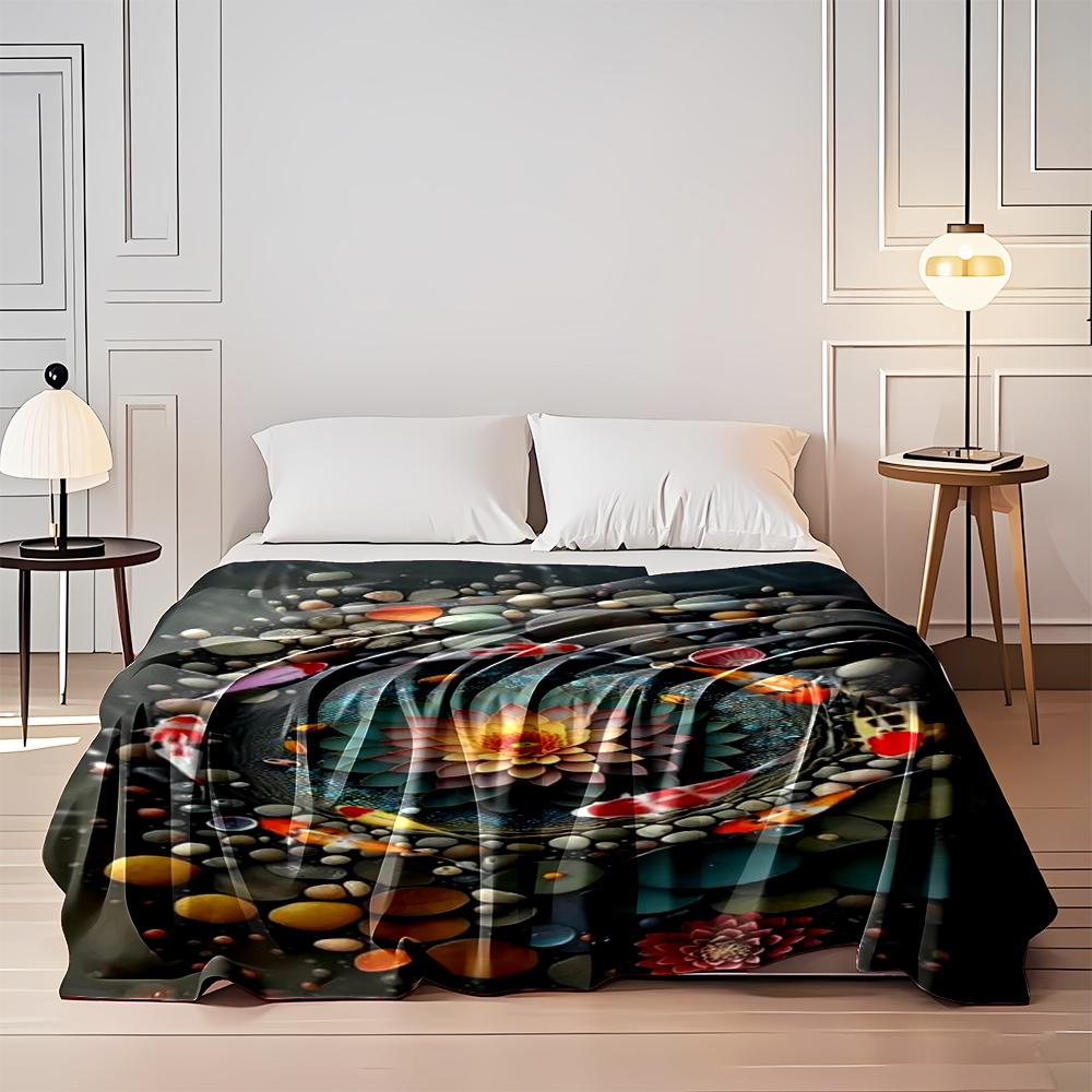 Colorful Koi Fish and Lotus Pond Design Flannel Blanket for Bedroom, Living Room, Sofa, and Nap Sofas