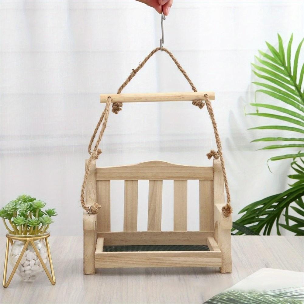 Durable Wooden Hanging Bird Feeder Chair Design Rest Stand Bird Food Container Large Capacity Decorative Wildlife Habitat Yard