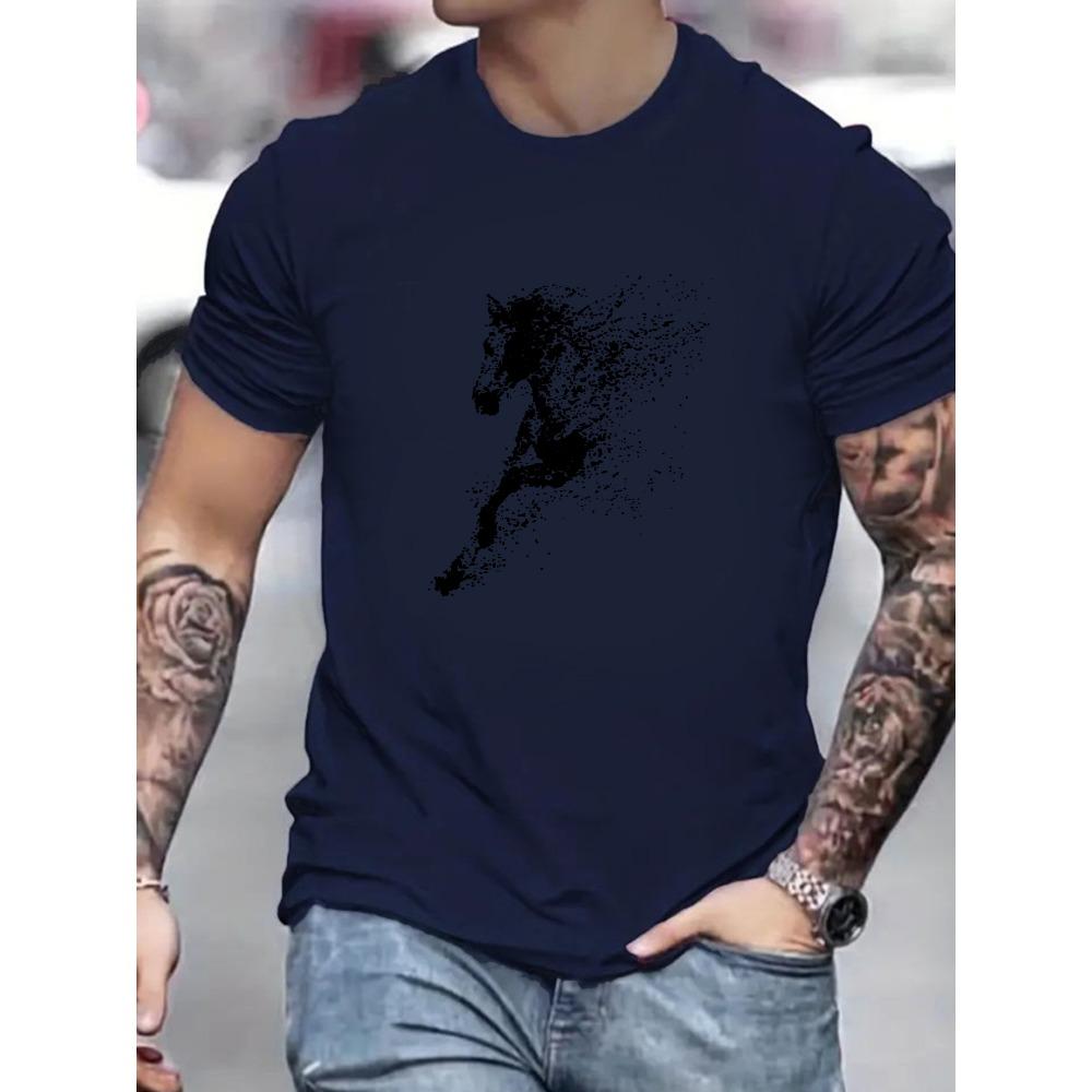 Men's Summer Fashion Casual Loose Big Black Horse Pattern Printed Round Neck Short Sleeve T-shirt Top