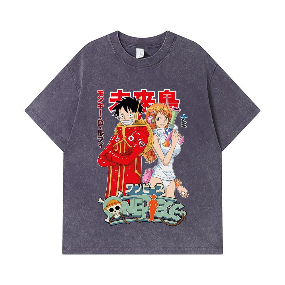 275 GSM Washed T-shirts 100% Cotton One Piece V71 Luffy Nami Egghead Print Unisex Heavy Cotton T Shirt