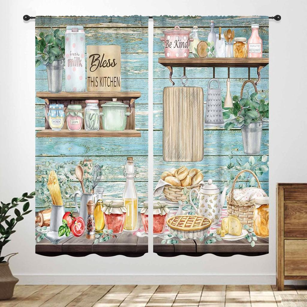 Rustic Kitchen Curtains,Retro Fork Spoon Wooden Plank Farmhouse Country Cooking Theme Funny Quotes Window Treatment for Bedroom